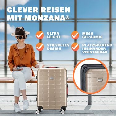 Набір валіз Monzana® 3шт Exopack з TSA замком, жорсткий корпус, M-L-XL, гелеві ручки, 4 колеса, підставка, ручний багаж, валіза для подорожей, колір шампань