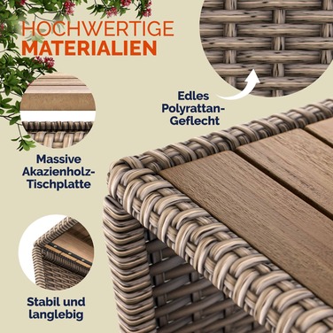 Розкладний столик з ротангу Polyrattan кремового кольору 40x45x45 см з акацієвим деревом