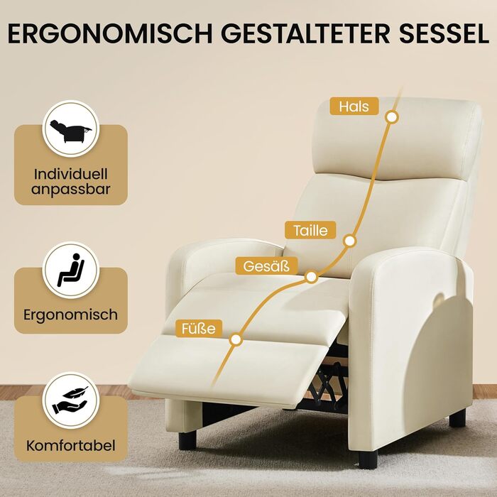 Крісло-релакс Yaheetech з регульованою підніжкою, крісло для телевізора, диван-крісло, крісло для відпочинку (Бежеве, штучна шкіра)