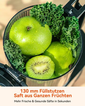 Шовковий відцентровий соковичавник - переможець тесту, для цілих овочів та фруктів, 130 мм завантажувальний отвір, 1.8л, BPA-free, 250W, функція зворотного ходу, легке очищення, нержавіюча сталь, чорний