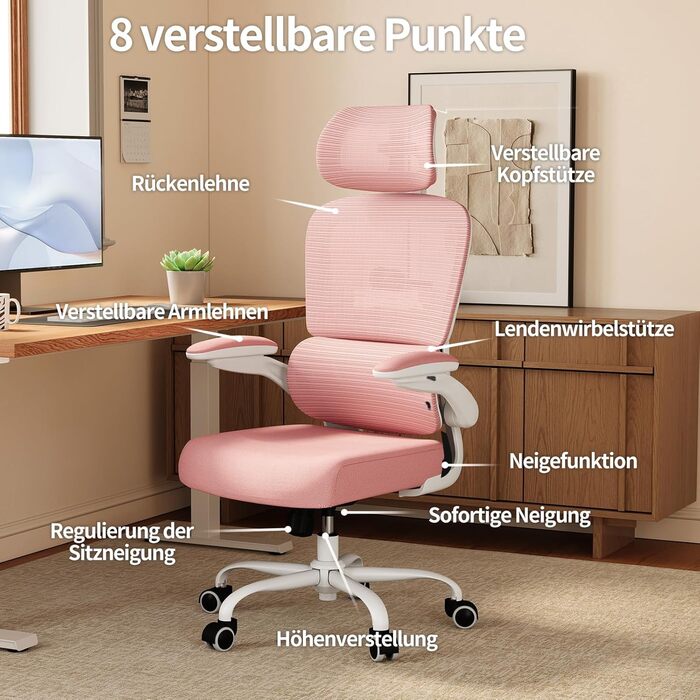 Офісне крісло TRALT Ergonomic - ергономічне крісло з регульованою підтримкою попереку та підголівником, ігрове крісло, крісло для дому, офісу, для великих людей (Рожеве)