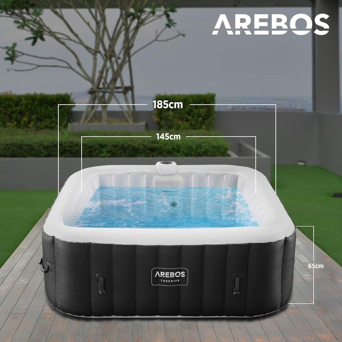 Надувний гідромасажний басейн-спа Arebos Spa Whirlpool 2400 Вт для 6 осіб, 185x185 см, 130 масажних форсунок, LED-підсвітка, 910 л, з кришкою