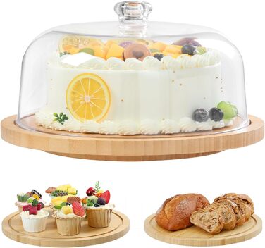 Підставка для тортів Ohuhu з бамбука 2-в-1 з кришкою, обертова тальянка з 3 знімними ніжками та акриловою кришкою для випічки, декору та святкування, чудовий подарунок для жінок