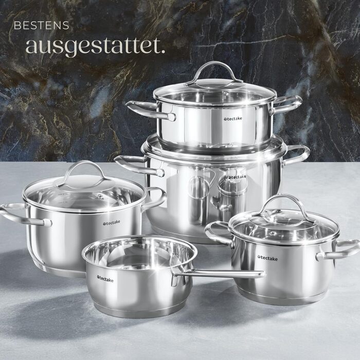 Набір каструль tectake® 9 предметів з нержавіючої сталі, посуд для плити (індукційна, газова, електрична), кухонний набір для дому та кемпінгу