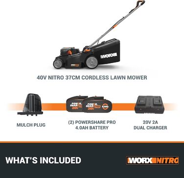 WORX WG749E акумуляторний газонокосарка 40V PowerShare з приводом на колеса, безщітковий двигун, ширина косіння 46 см, 7 положень висоти, з акумулятором та зарядним пристроєм, чорний (WG737E Nitro 40V 37 см)