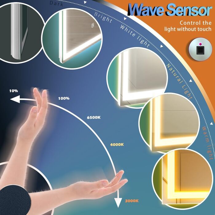 Дзеркало з LED-підсвічуванням та сенсором, з Bluetooth, регульоване освітлення, протитуманне, водонепроникне IP44, для ванної кімнати, 50 x 70 см