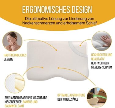 Ергономічна подушка для шиї та попереку Inphysio Luxury з гіпоалергенної пінки з ефектом пам'яті (Memory Foam), бежева, 60 x 35 x 12/7 см, 2 чохли у комплекті