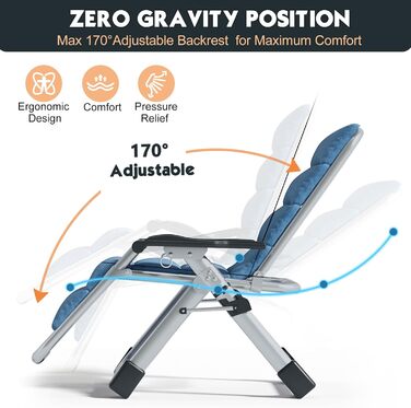 Лежак для відпочинку MOPHOTO Zero Gravity, розкладний, 200 кг, з подушкою та кишенею, для саду, балкону, тераси (Морська блакить)