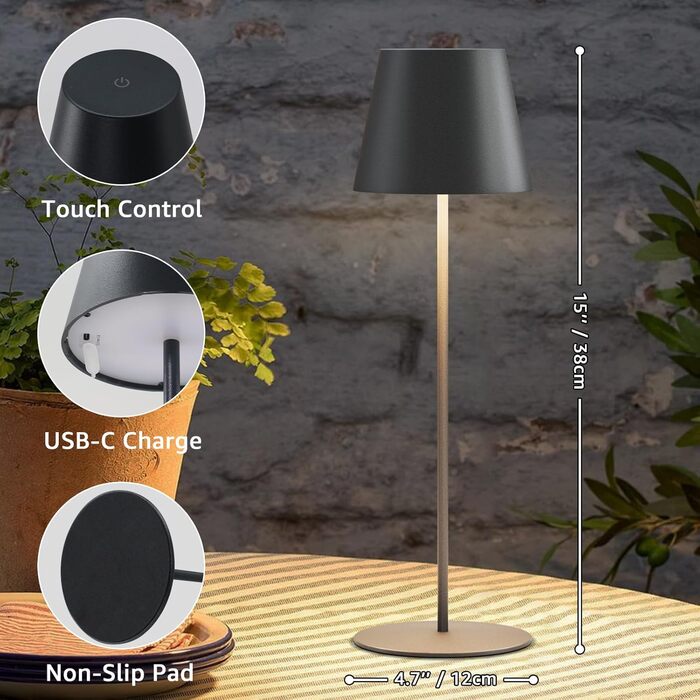 MALUX 2 шт. LED настільна лампа бездротова з сенсором, для дому та вулиці, перезаряджувана, з таймером, 3 режими температури, регулювання яскравості, чорний колір