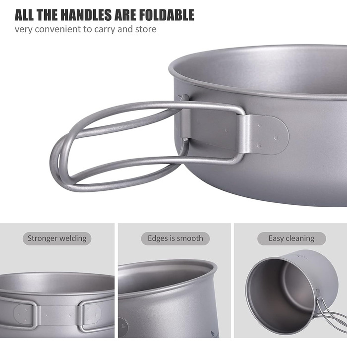 Набір кухонного посуду iBasingo для кемпінгу: титановий посуд з відкидним ручками, 1500 мл каструля та 500 мл сковорода, ідеальний для туризму та пікніків