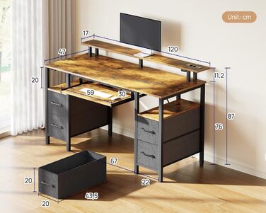 Ігровий стіл Seventable з LED підсвіткою, розетками та USB портами, шухлядами, підставкою для клавіатури та монітора (120x47x87 см, вінтажний коричневий)