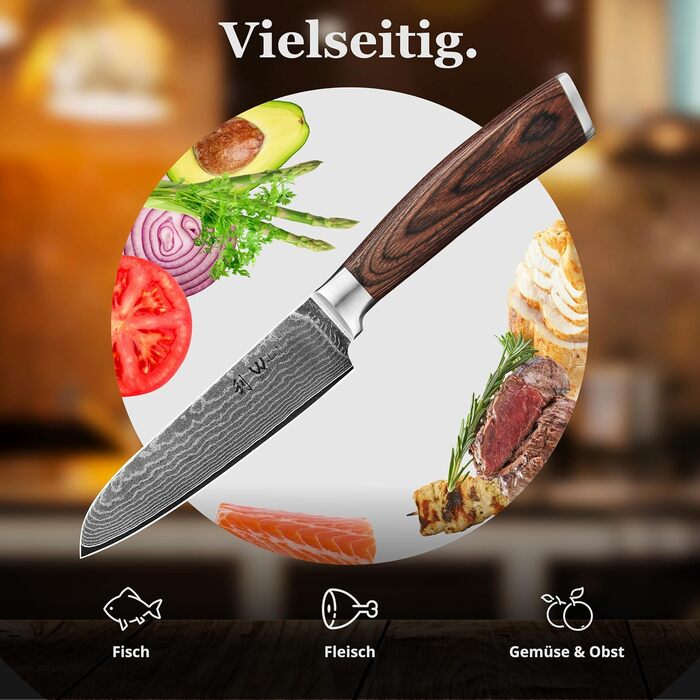 Японський ніж Wakoli EDIB Santoku з дамаської сталі (серцевина VG10), 12.5 см – гострий та зручний. Ніж Сантоку з ручкою з паккавуду в подарунковій коробці, для овочів та фруктів