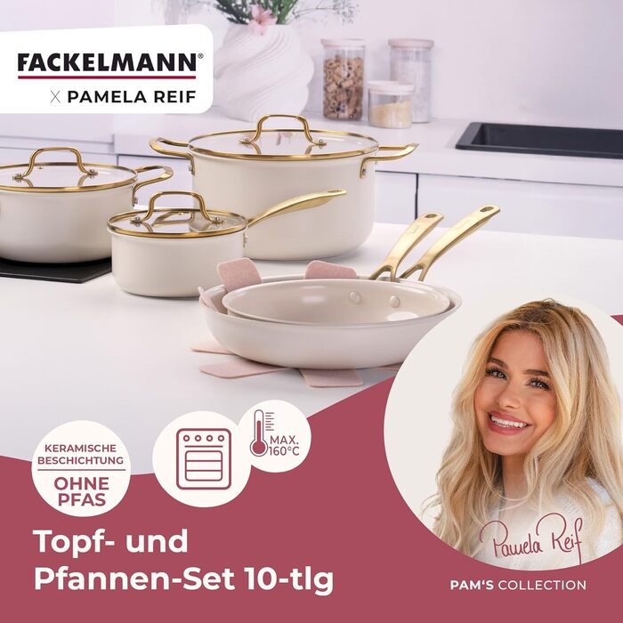 Набір сковорідок FACKELMANN x Pamela Reif 3 шт. діаметром 20-24-28 см – з переробленого алюмінію, пастельно-бежевий, керамічне покриття без PFAS, стійке до 160°C, для всіх типів плит