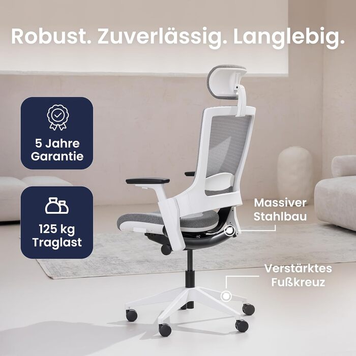 Ergotopia NextBack: ергономічне крісло для офісу з підтримкою спини | Крісло для роботи з підголівником та підлокітниками | 5 років гарантії (сірий/білий)