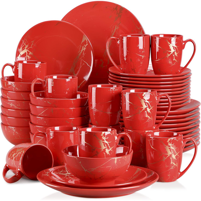 Порцеляновий сервіз, комбінований сервіз LOVECASA SWEET з 16 предметів, набір столового посуду із золотими бризками, для 4-12 осіб (червоний, сервіз із 48 предметів)