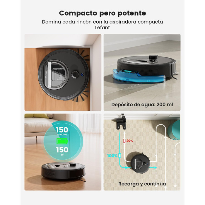 Робот-пилосос LEFANT M330 Pro з функцією миття, 5000Pa, лазерна навігація, LiDAR, 150 хв, розпізнавання килима, керування через додаток/голос, для видалення шерсті тварин, чорний