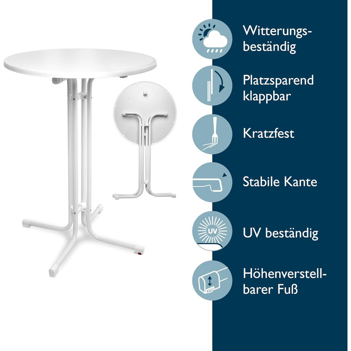 Стіл Beautissu розкладний, діаметр 70 см, білий Bellini – стійкий, вологостійкий, з антиковзким покриттям. Підходить для вулиці, кафе, барів, вечірок. Легка збірка, міцна конструкція, Ø 70 см.