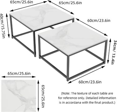 Набір журнальних столиків FATIVO з 2 шт. мармур, квадрат, металевий каркас, великий і маленький (білий)