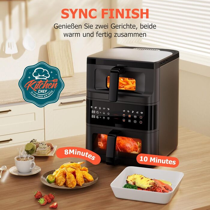 Фритюрниця без олії Heißluftfritteuse з подвійним набором камер 10л з оглядовим вікном, 10-в-1, сенсорне управління, таймер, економна, чорна 3.5л+6.5л