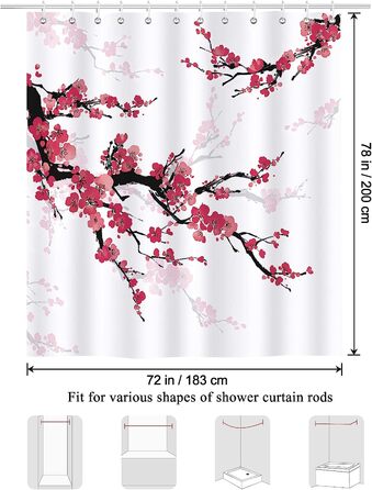 Штора для душу Bonhause Cherry Blossoms 180x200 см Водонепроникний поліестер з 12 гачками