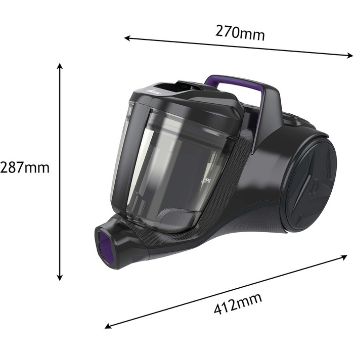 Пылесос Hoover HP1 без мешка, потужний для твердих підлог та килимів, 700 Вт, об'єм контейнера 2 л, фільтр EPA, радіус дії 7,5 м [HPZ107HM]