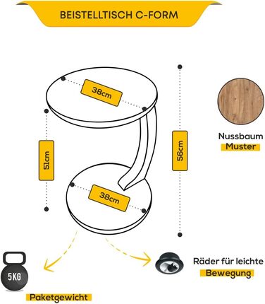 Журнальний столик sugodesign з коліщатками, невеликий журнальний столик у формі літери C, стильний журнальний столик у красивому вигляді з горіхового дерева, круглий столик як полиця для дивана та дивана