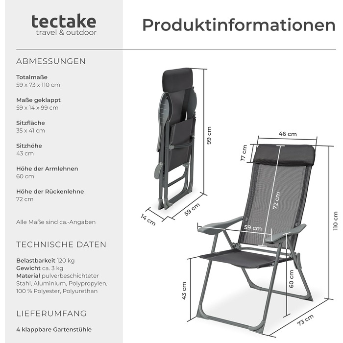 Шезлонги Tectake® 4 шт. - регульовані, з підставкою для ніг, легкі, складані, для саду, балкону, кемпінгу (Антрацит)