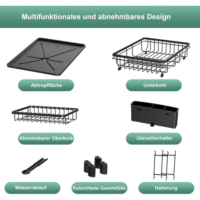 Сушарка для посуду ROTTOGOON розширювана, 2-ярусна, чорна: нержавіюча сталь, з висувним носиком та відділенням для столових приборів