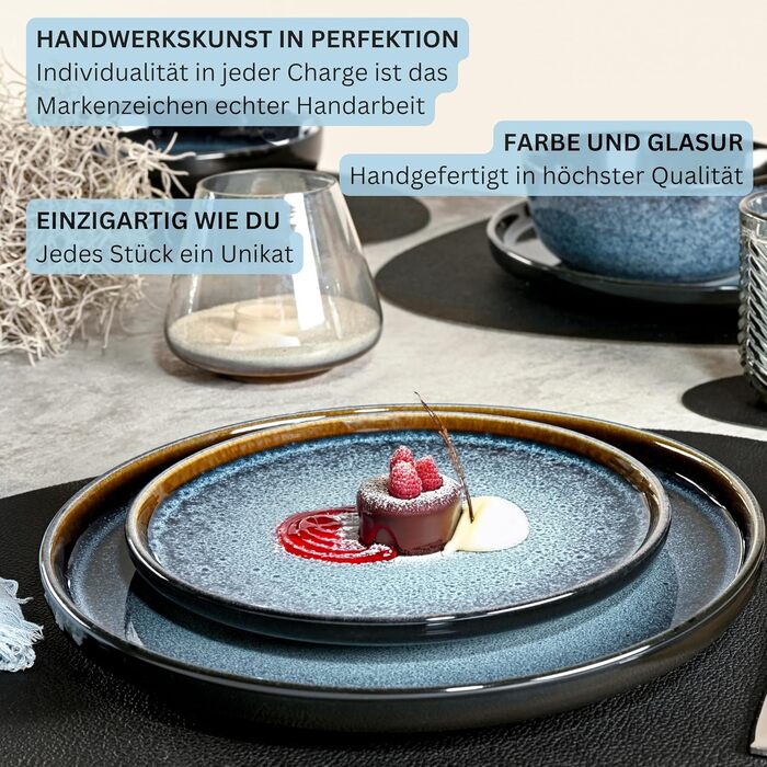 Набір посуду SÄNGER Steingut 18 предметів: 6 тарілок, 6 мисок, 6 десертних тарілок, блакитний колір з чорним бордюром, стійкий до подряпин. VALUE COLLECTION (Осака)