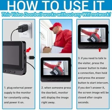 Відеодзвінок з камерою 1080P HD, бездротовий, водонепроникний IP65, дисплей 4.3