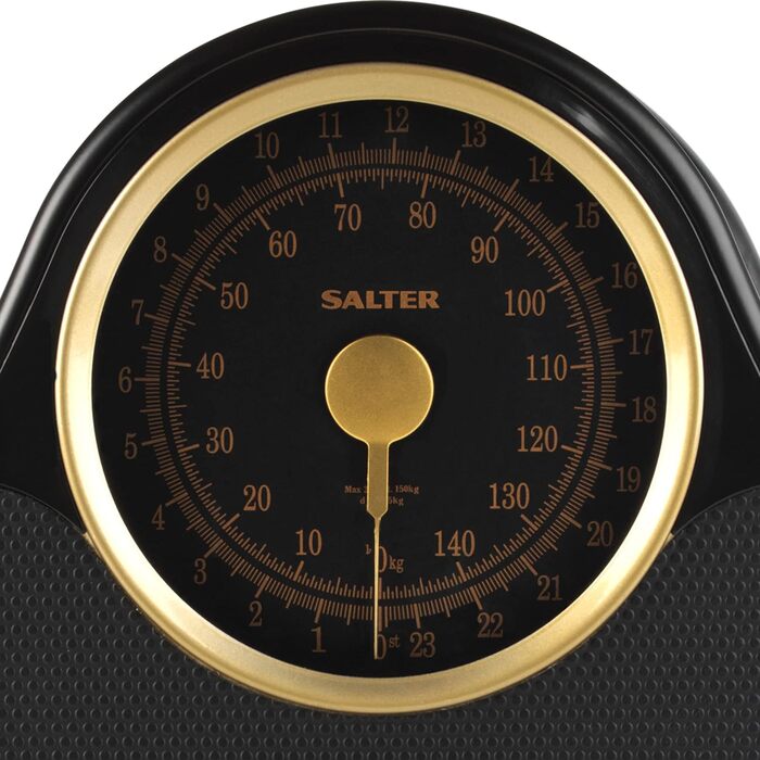 Механічні лікарські ваги Salter 145 GFEU16 - Ваги навантаження 150 кг, Ваги жиру в організмі з ротаційною вказівкою, Ваги ваги тіла з нековзним килимком, Батарейки не потрібні, Чорний/Золотий