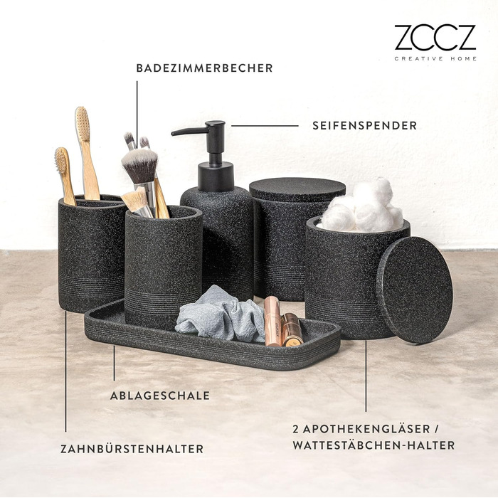 Набір для ванної кімнати ZCCZ 6 предметів: органайзер для зубних щіток, дозатор мила, миска для косметики та ватних паличок. Елегантний декор у мармуровій стилістиці, чорний колір для сучасного інтер'єру.