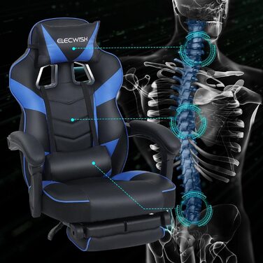 Ігрове крісло YU YUSING для ігор з підставкою для ніг, масажне крісло для гонок ергономічне, поворотне з високим ступенем регулювання, регульована на 90-150 спинка, знімний підголівник, поперекова подушка (чорний / синій)