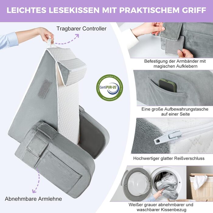 Велике подушко-крісло для читання Babenest з підлокітником, високоеластична піна, ергономічна підтримка спини, подушка для шиї та підголівник, подушка для рефлюксу для сну, ігор, перегляду телевізора для ліжка та дивану, білий та сірий