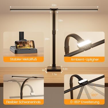 LED настільна лампа Doppelkopf з регулюванням яскравості, 24W, 80см, з кріпленням, денне світло, гнусий шийка, для офісу, захист очей, з підставкою для телефону, чорна