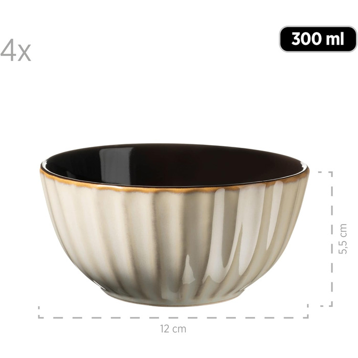 Набір посуду MSER 931966 Confino на 4 персони в сучасному вінтажному стилі, керамічний набір для сніданку з 12 предметів з чорними вставками, керамограніт (бежевий, кавовий сервіз)