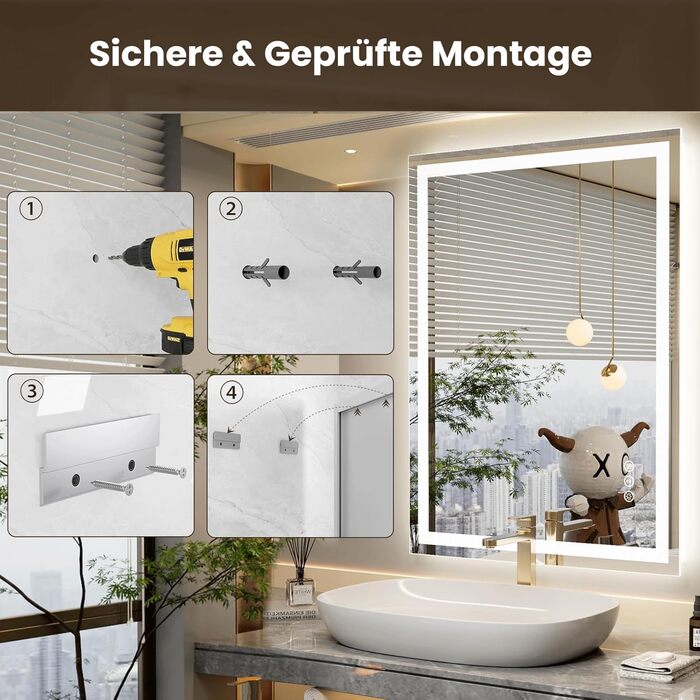 LED дзеркало для ванної кімнати 60x80 см з підсвічуванням, сенсорне керування, регулювання яскравості, 3 кольори світла, антизапар, IP44, вертикальна/горизонтальна орієнтація