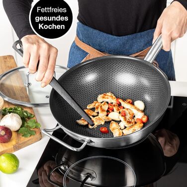 Вафельниця Moritz & Moritz з нержавіючої сталі 30 см з керамічним покриттям нового покоління - підходить для всіх типів плит - антипригарний вок з вафельною структурою для смаження, тушкування та варіння (з кришкою)