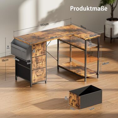 Письмовий стіл HLONONE L-подібний з 3 висувними ящиками для тканини, комп'ютерний стіл з місцем для зберігання, білий (120 x 80 см, коричневий)