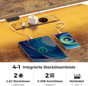 Комп'ютерний стіл Rolanstar L-подібний з RGB підсвічуванням та розетками, геймінговий стіл з полицею та 2 гачками, для офісу, робочого кабінету, спальні (117см) (Вінтажний коричневий, 137 x 77 x 87 см)