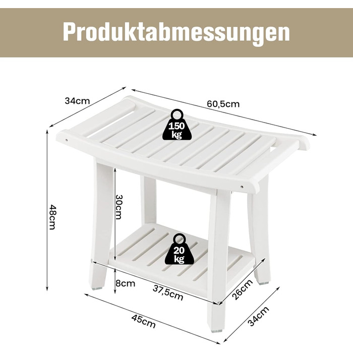Двомісна душова лавка COSTWAY з полицею, 170 кг, біла. Душовий стільчик для дорослих та літніх людей, 60,5 x 34 x 48 см