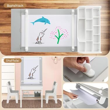 Детский стол Dreamade 3 в 1 с 2 стульями из дерева, стол для рисования с откидной столешницей и 2 тканевыми ящиками, детский столик-сидячая группа с хранением для детской комнаты (с 7 отделениями)