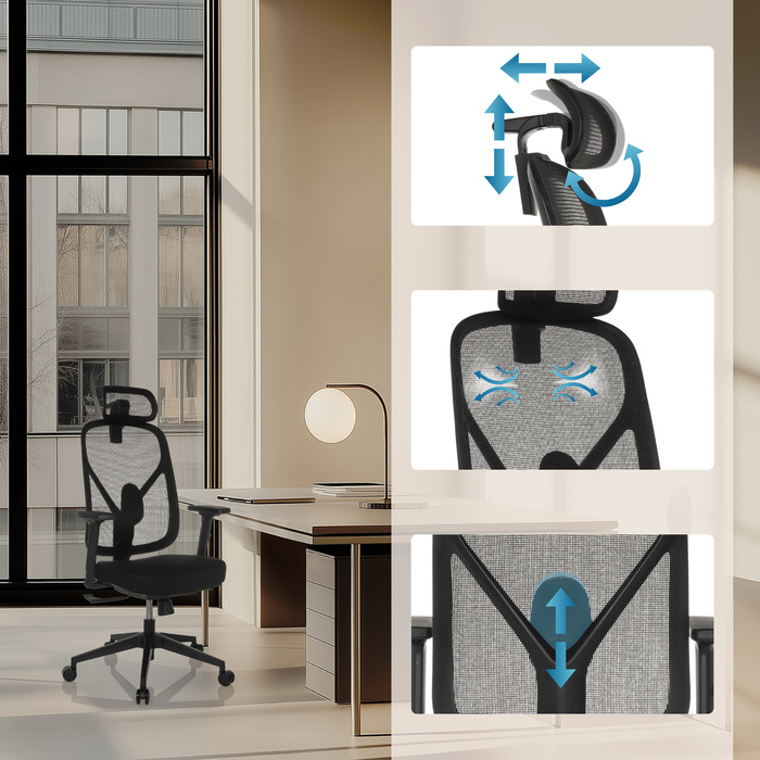 Офісне крісло / Крісло з поворотним механізмом RALOO ECO, сидіння з тканини / спинка з сітчастої тканини, чорного кольору, hjh OFFICE