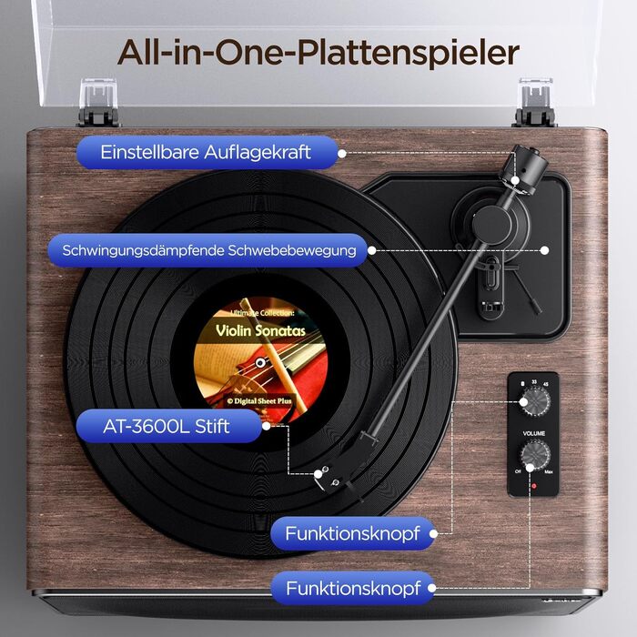 Універсальний вініловий програвач All in One з Bluetooth, вбудованими 4 стерео-динаміками, фонокоректором, Hi-Fi програвач для вінілових платівок з магнітною головкою AT-3600L (MM)