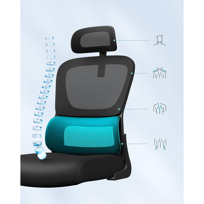 Офісне крісло SONGMICS з ергономічною підтримкою спини, сітчасте, з регульованою підголовником, для дому та офісу (чорний)