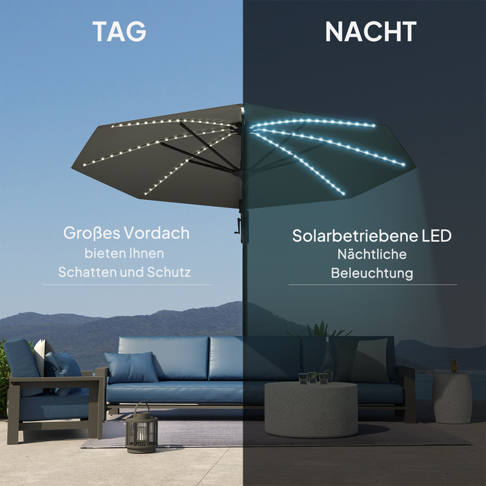 Outsunny Alu Centilever Parasol LED Solar Ø300 см регульована по висоті парасолька з кривошипною підставкою UV50+ Водовідштовхувальний ринок Обертовий ринок на 360° Нахилена садова парасолька Сонцезахисний захист для саду Балкон Темно-сірий