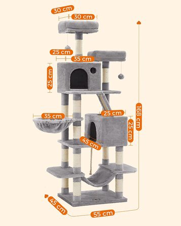 Котяче дерево, 206 см, 13 кігтеточок, 2 платформи, 2 дупла, кошик, гамак, світло-сірий