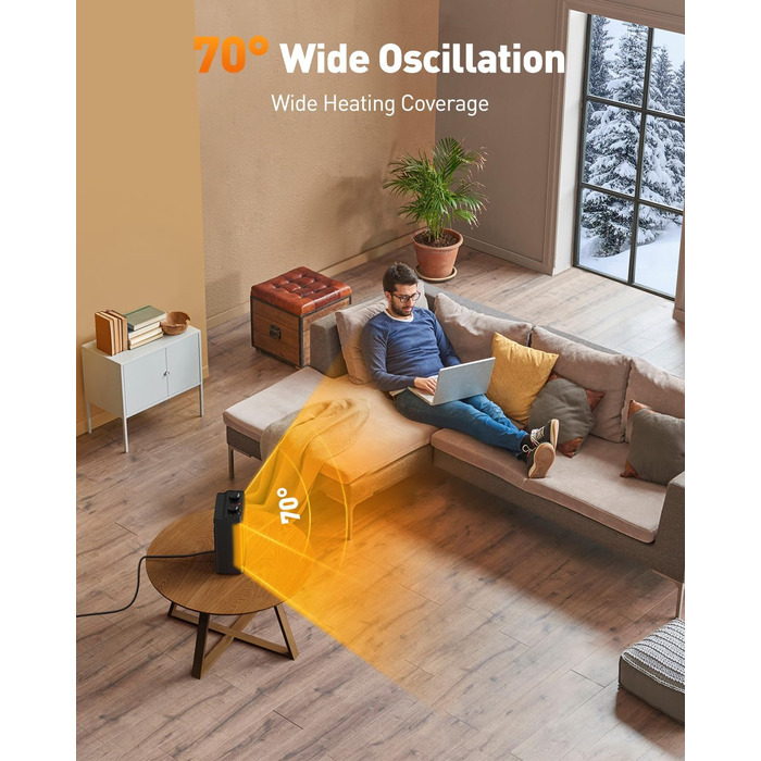 Електричний обігрівач з керамічним нагрівачем, 1500 Вт, 3 режими, осциляція 70°, захист від перекидання, тихий обігрівач для офісу, вітальні, спальні