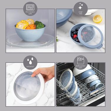 Набір мисок для змішування Cook With Color (12 шт.) з кришками TPR – 6 мисок для приготування їжі та 6 кришок, підходить для мікрохвильової печі (синій та білий)