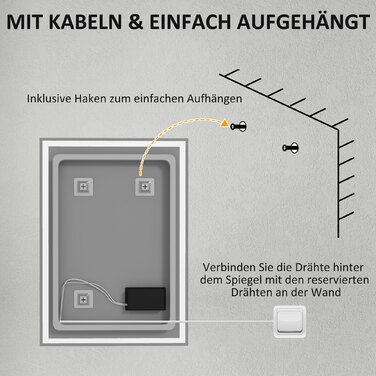 Дзеркало для ванної кімнати Badspiegel з підсвіткою LED, сенсорне управління, білий колір